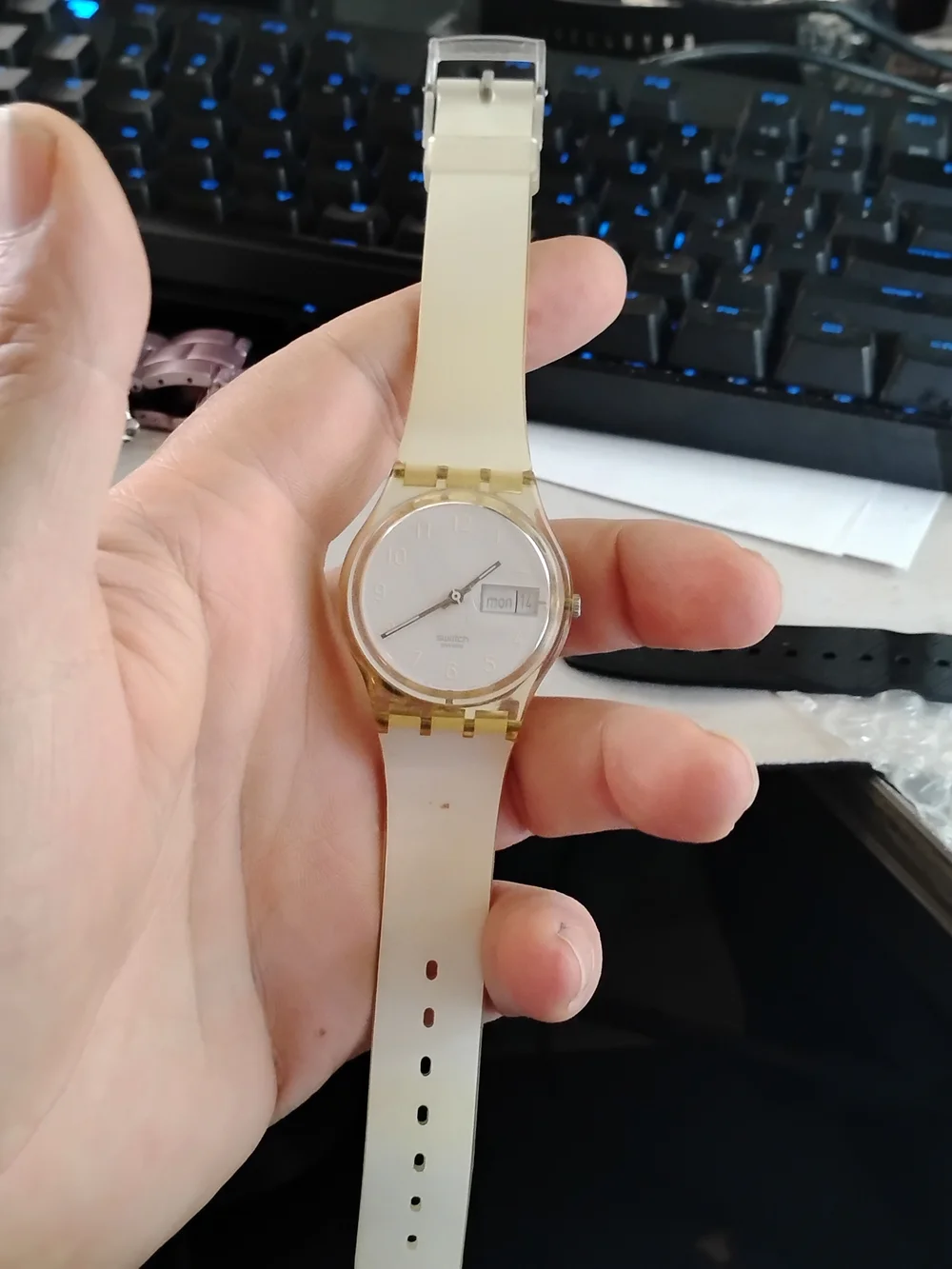 Swatch White Dial Watch with Gold Accents Tested And Running